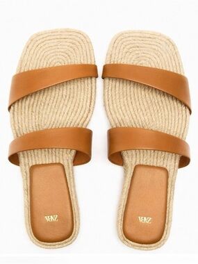 Zara NWT Tan Leather Double-Strap Espadrille Slide Sandals